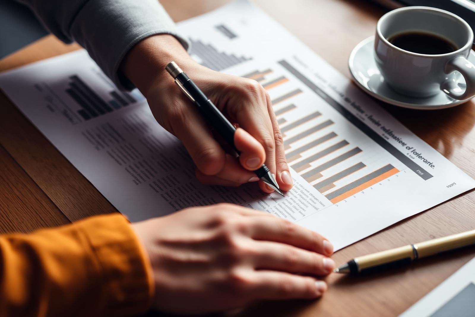 Handwritten notes on a printed bar chart next to a coffee cup