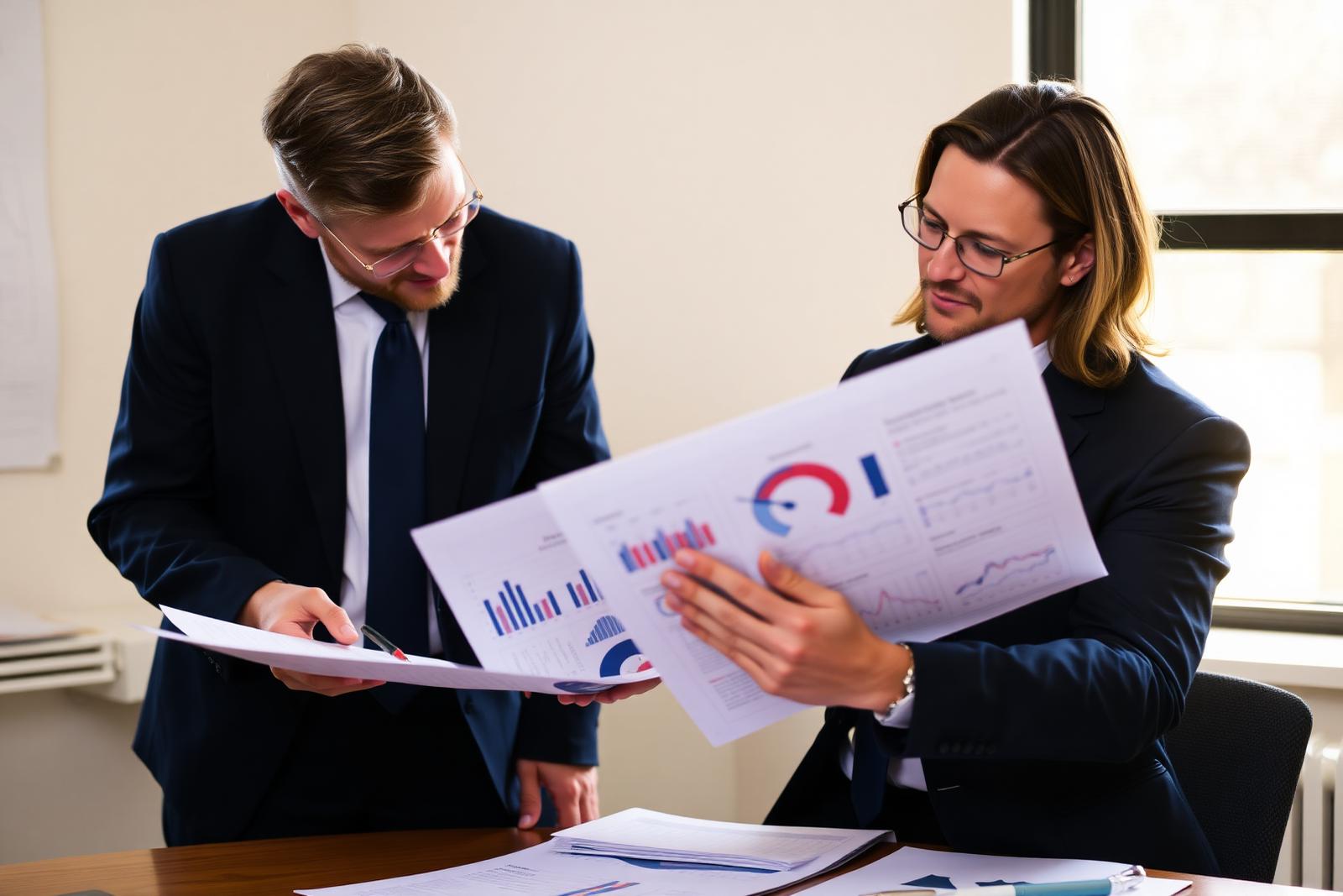 Two Onward Analytics consultants reviewing printed quarterly reports
