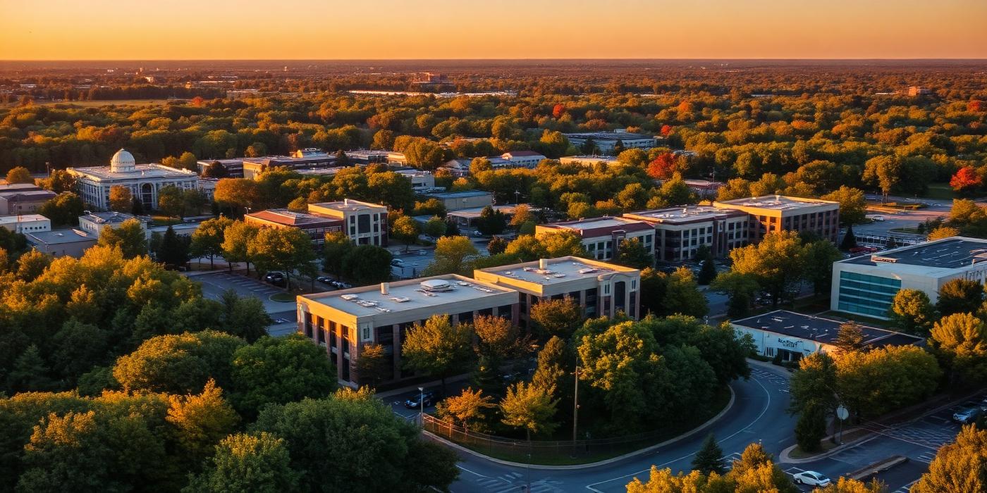 Aerial view of Lees Summit, Missouri at golden hour